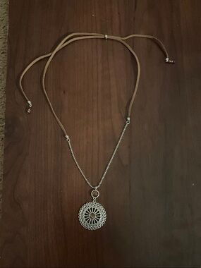 Delicate Silver Medallion Pendant Necklace with Tan Suede Cord